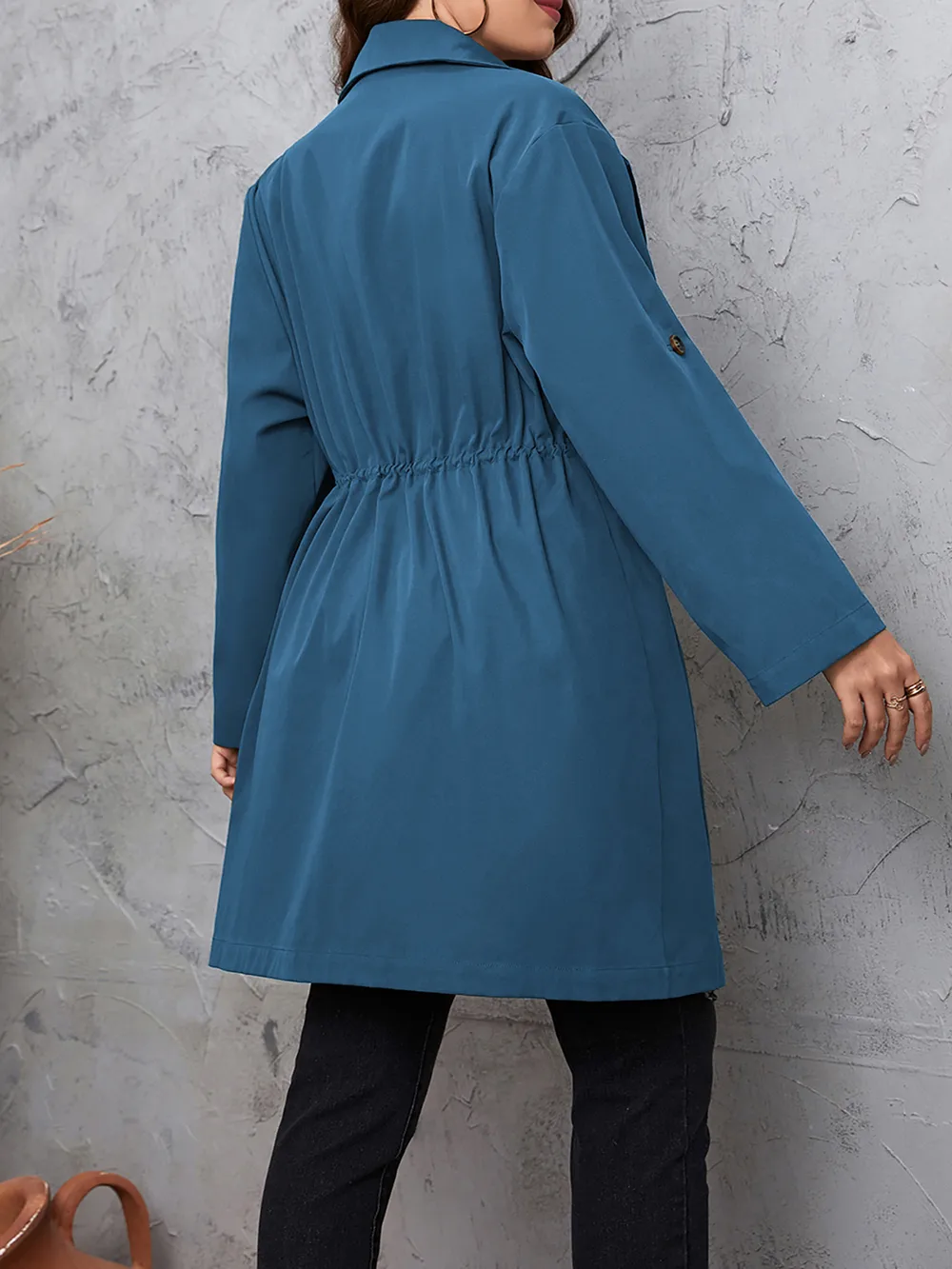 Plus Size Lapel Collar Drawstring Roll-Tab Sleeve Trench Coat, image 5