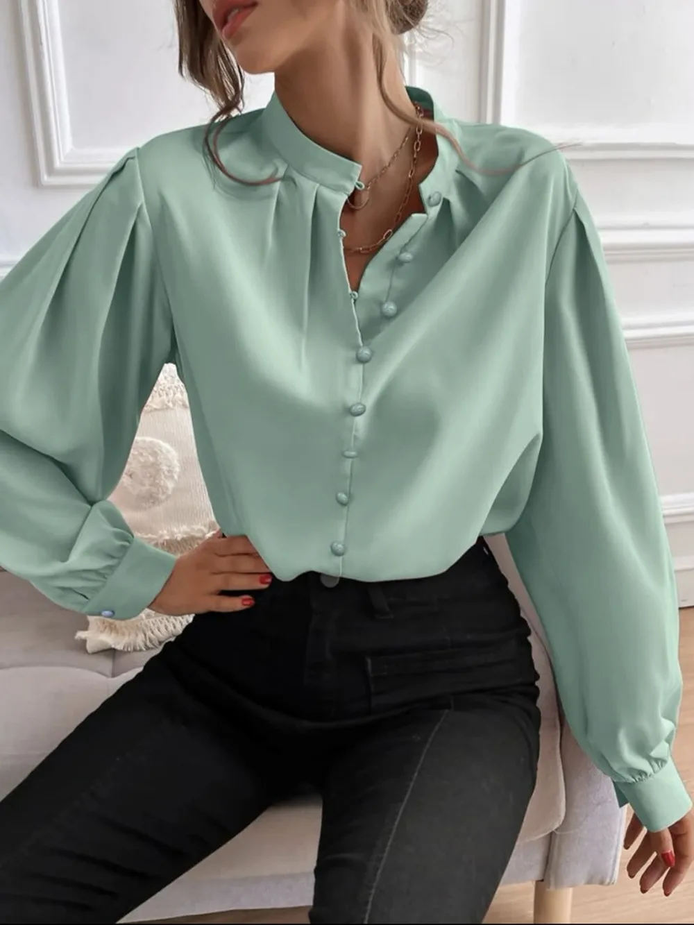Mock Neck Button Front Shirt, image 2