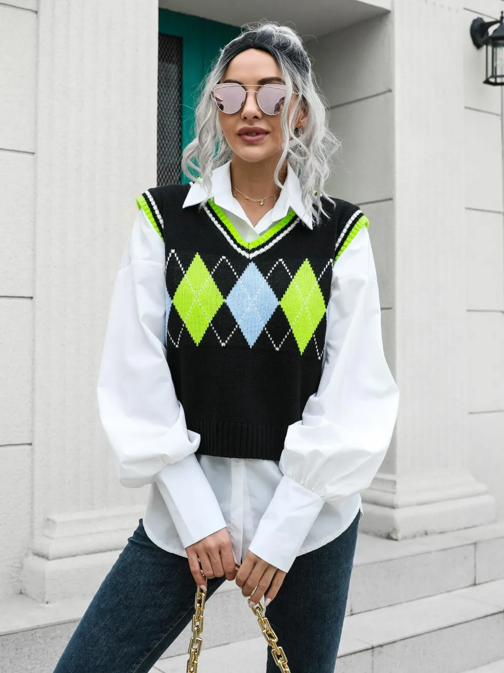 Geometric V-Neck Sweater Vest, image 2