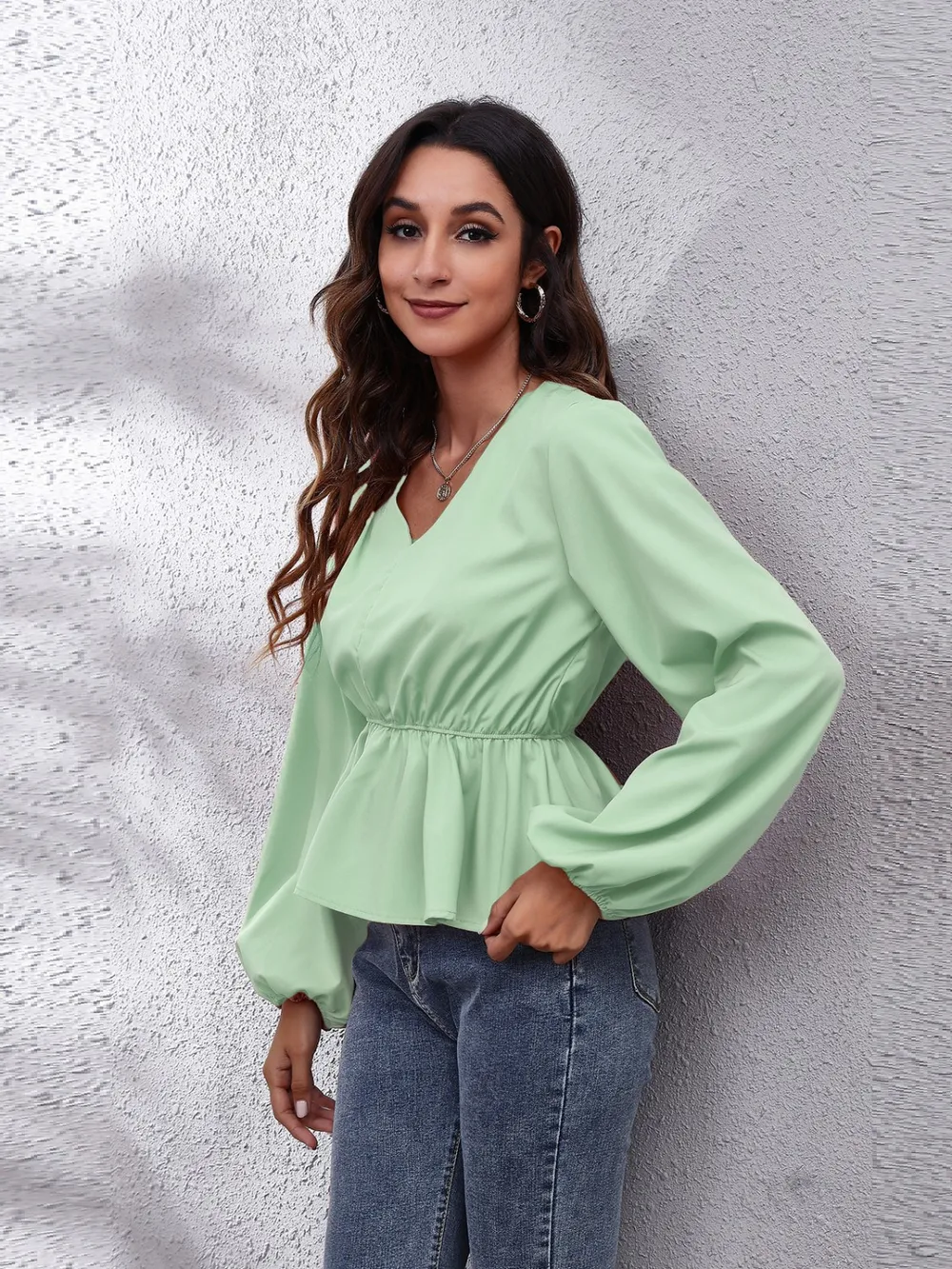 V-Neck Balloon Sleeve Peplum Blouse, image 16