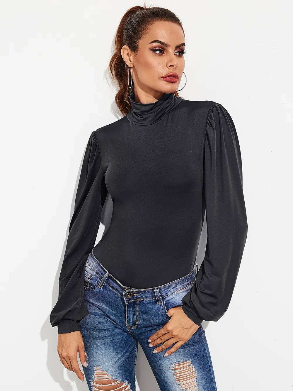 Backless Tie-Waist Turtleneck Lantern Sleeve Bodysuit, image 2