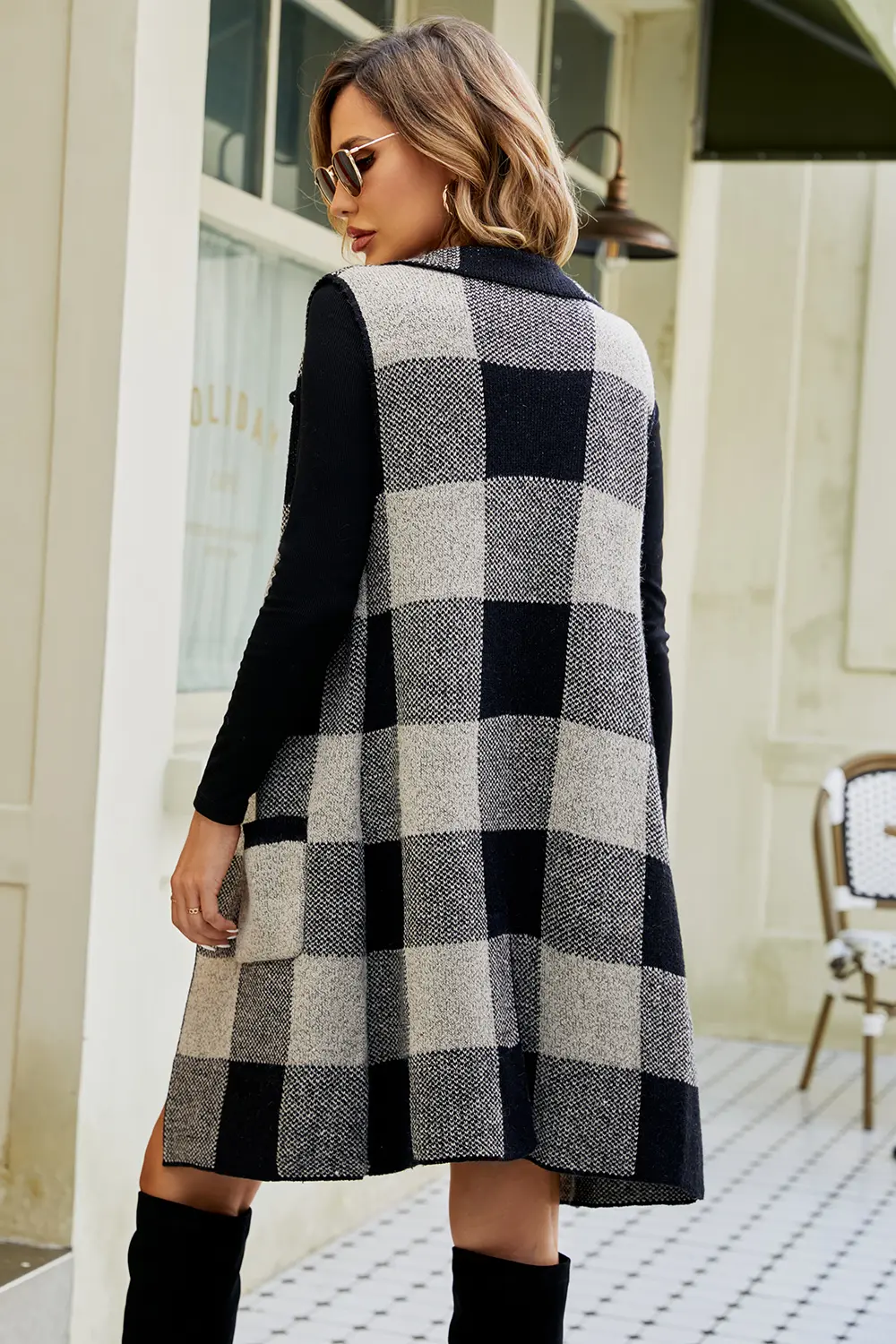 Plaid Open Front Sleeveless Cardigan with Pockets, image 2