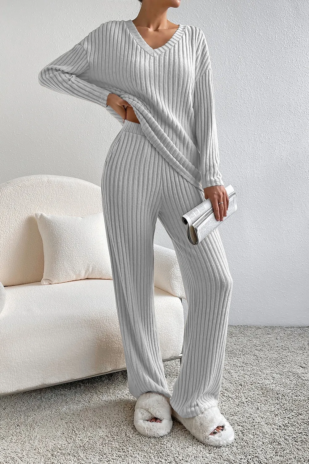 Ribbed V-Neck Top and Pants Lounge Set, image 3