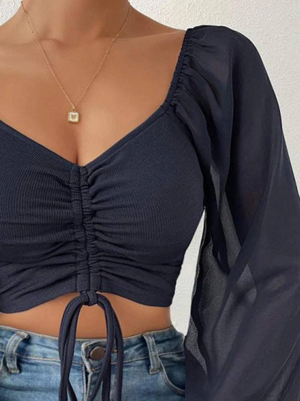 Drawstring Sweetheart Neck Cropped Top, image 12