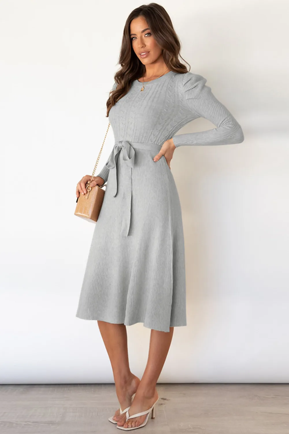 Round Neck Long Sleeve Tie Waist Sweater Dress, image 11