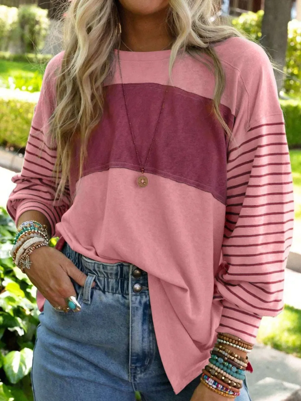Round Neck Striped Long Sleeve Slit T-Shirt, image 6