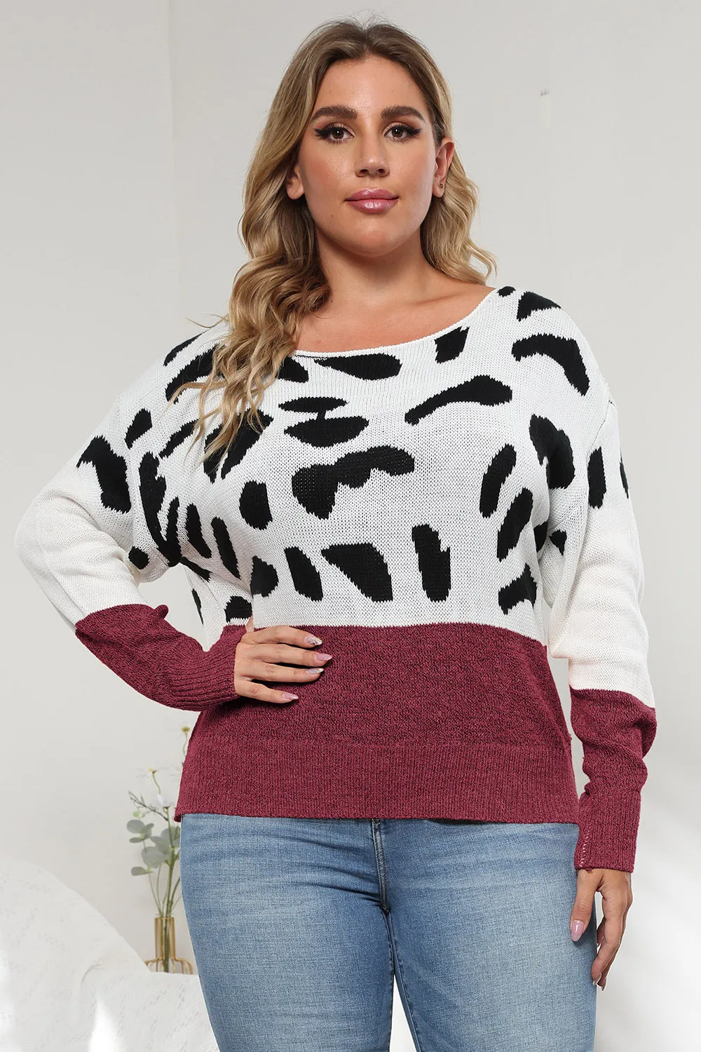 Plus Size Leopard Round Neck Long Sleeve Sweater, image 4