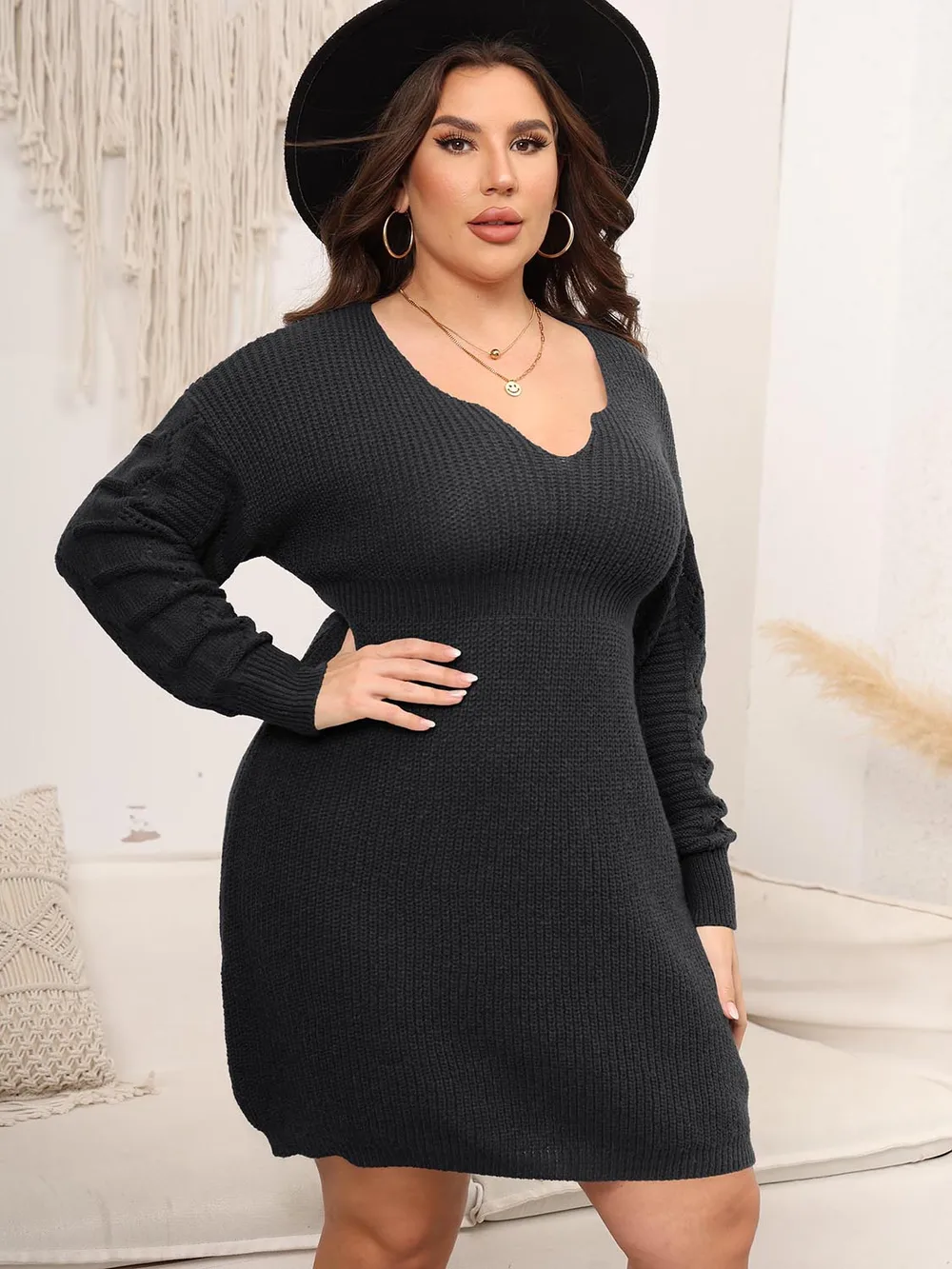 Plus Size Dropped Shoulder Long Sleeve Knit Mini Dress, image 3