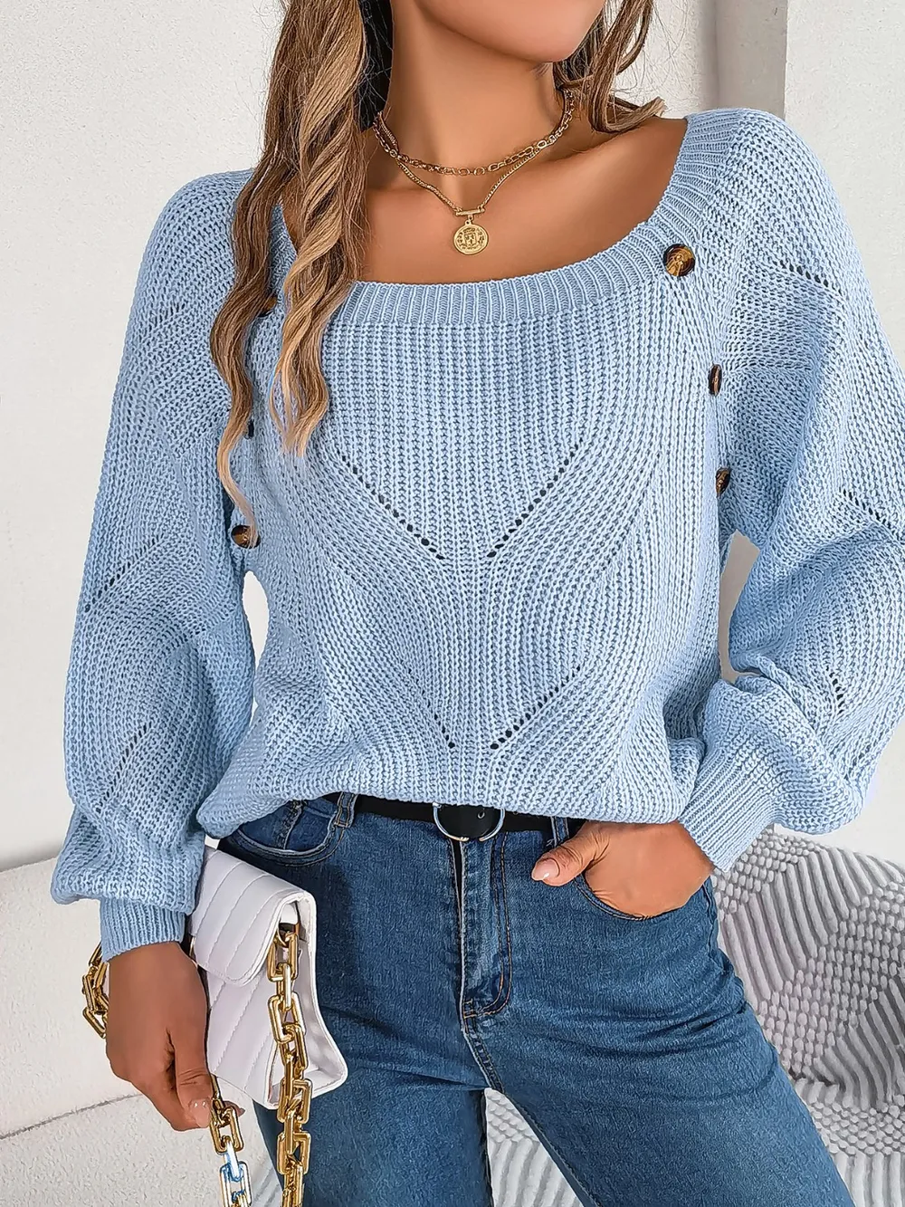Openwork Buttoned Square Neck Sweater, image 4
