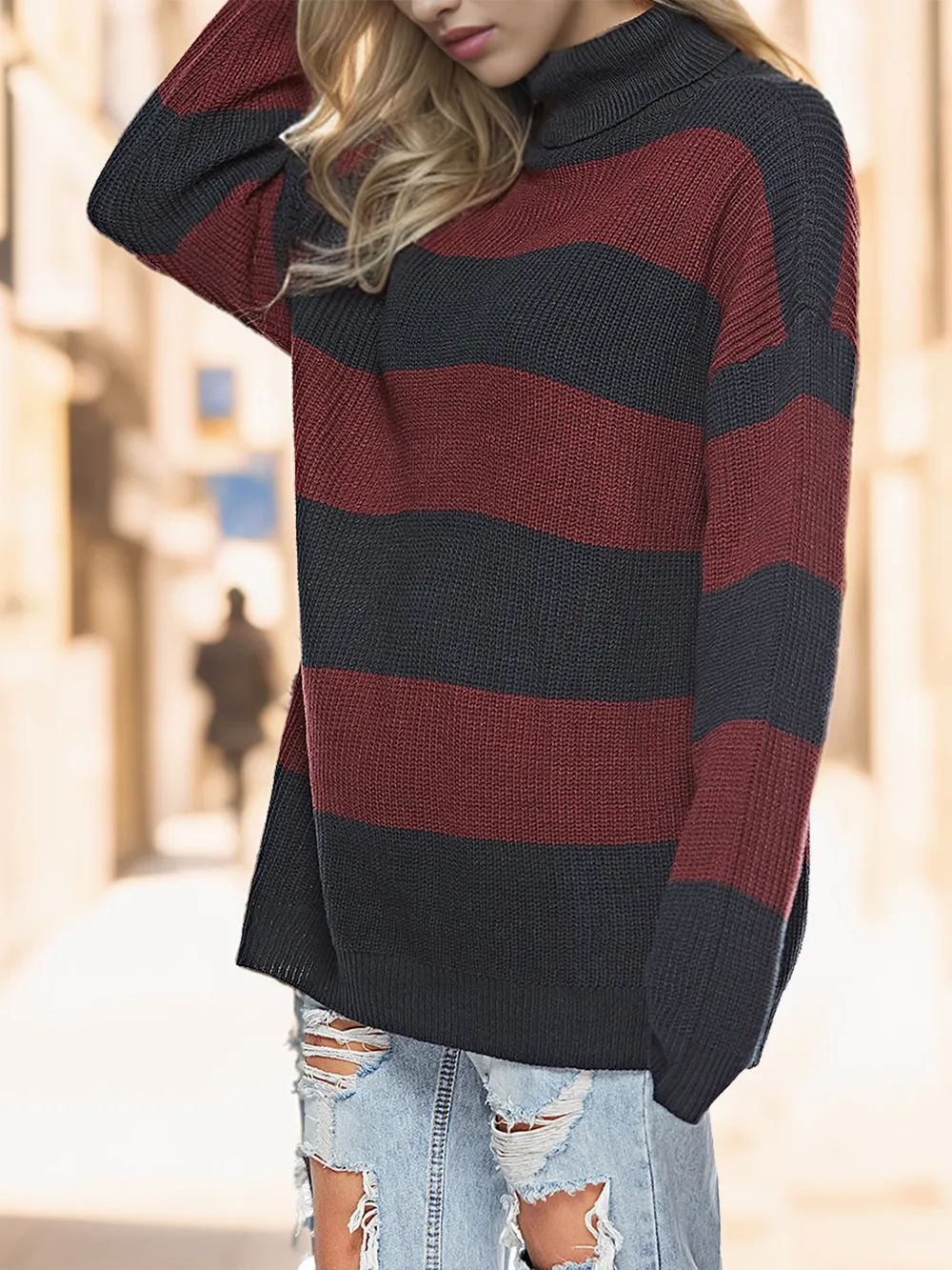 Striped Turtleneck Long Sleeve Sweater, image 4