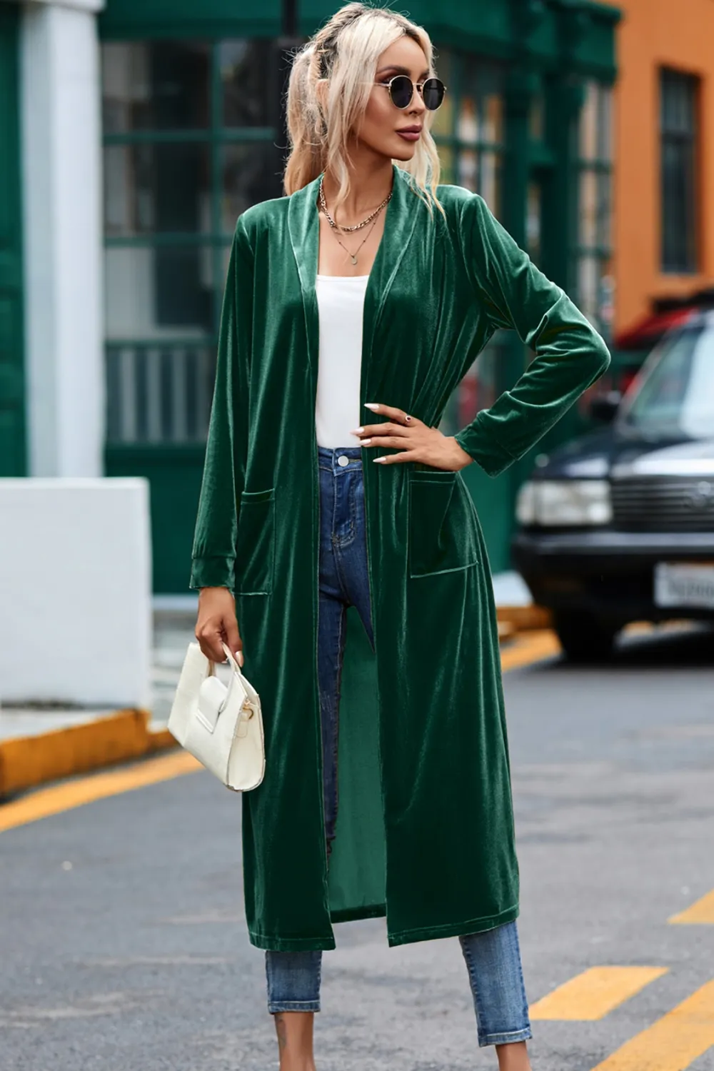 Velvet Open Front Long Cardigan with Pockets, image 4