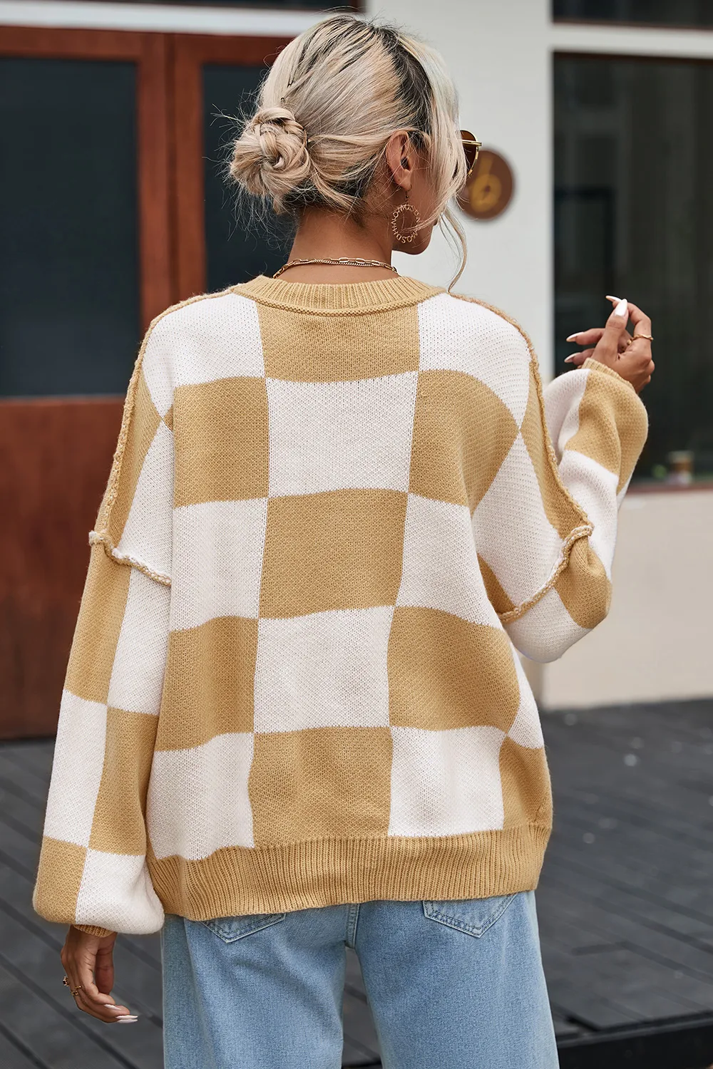 Checkered Exposed Seam Drooped Shoulder Sweater, image 4