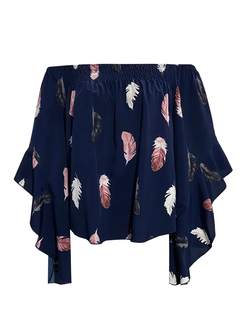 Feather Print Smocked Off-Shoulder Blouse, image 2
