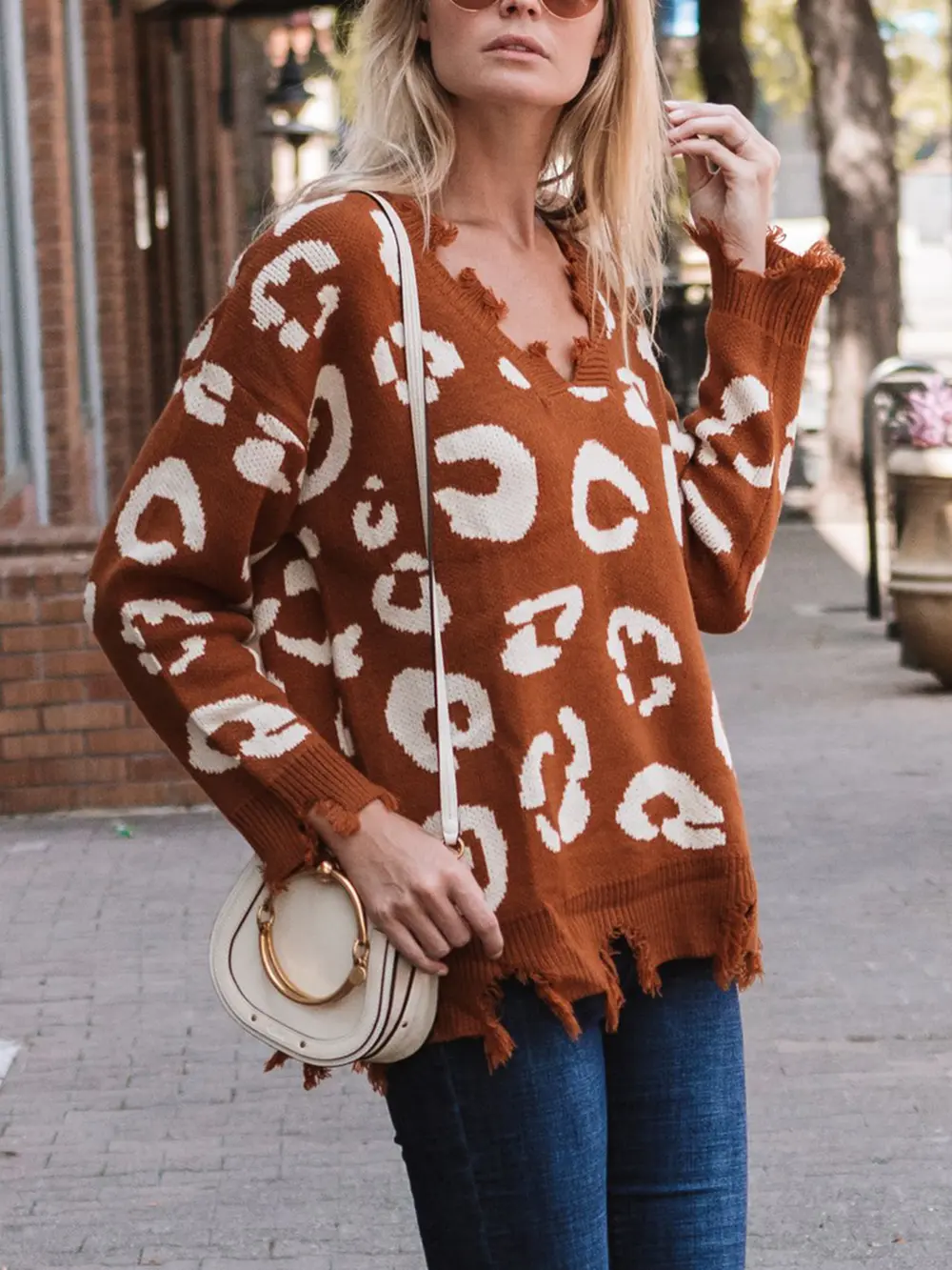 Leopard Frayed Hem Long Sleeve Sweater, image 4