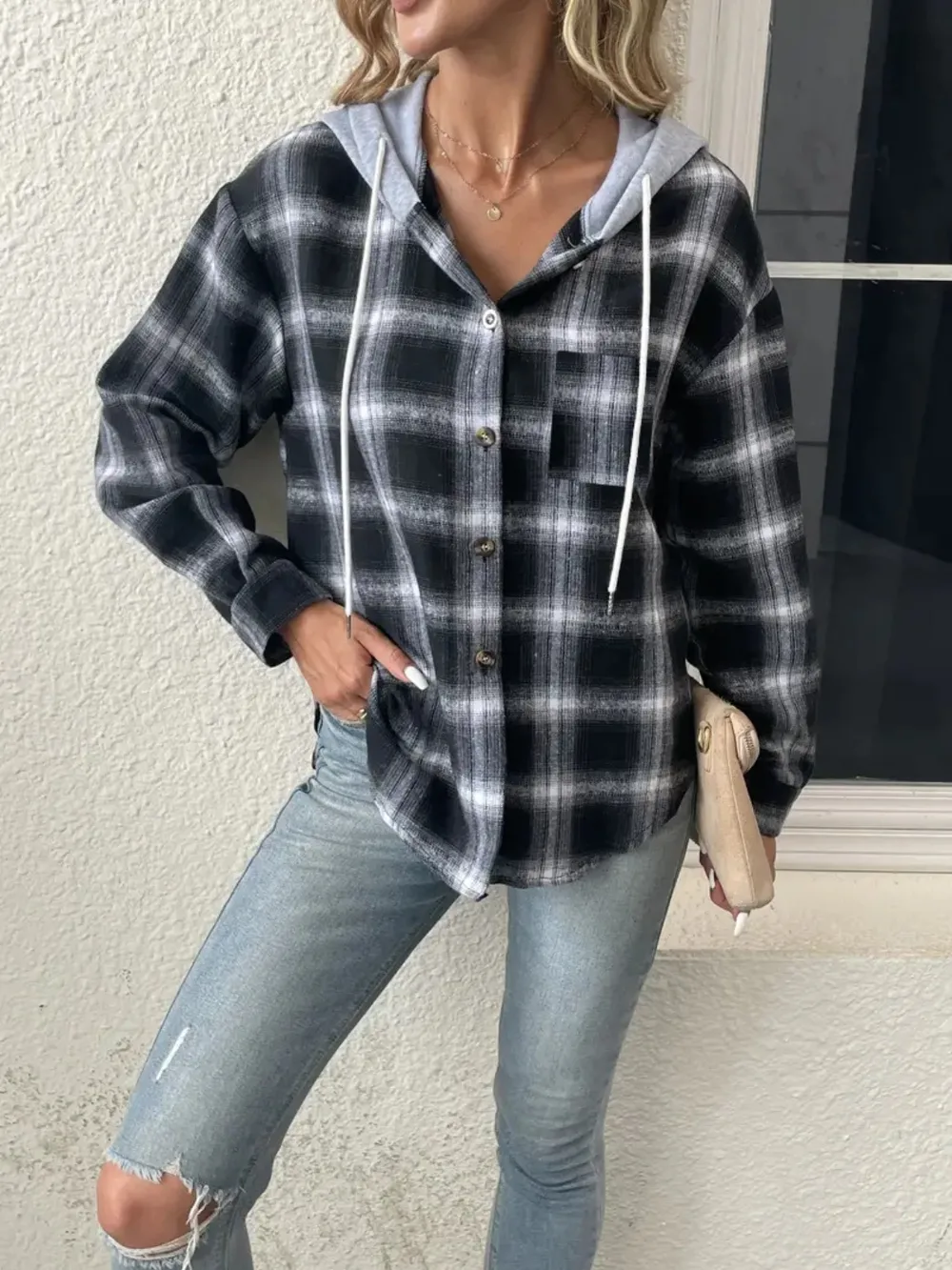 Plaid Drawstring Button Up Hooded Jacket, image 10