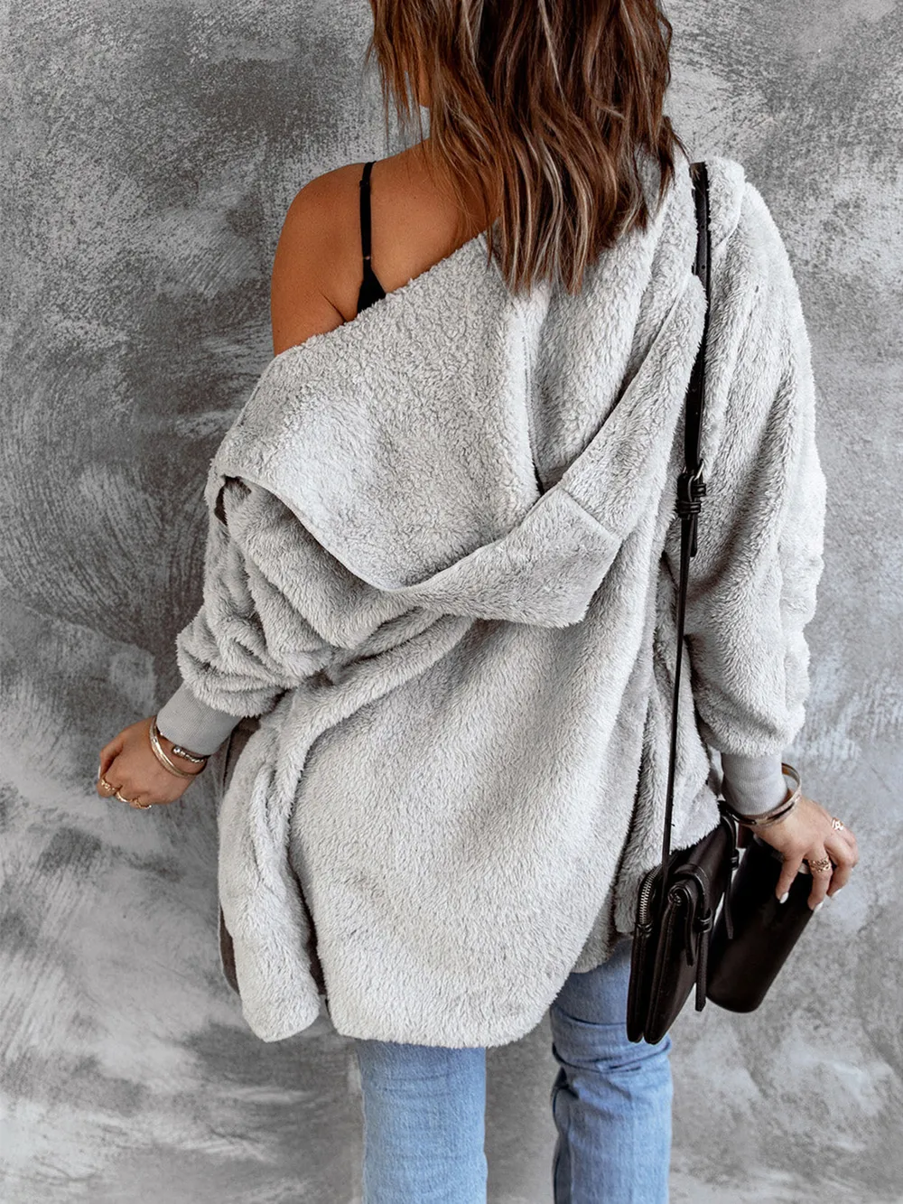 Open Front Hooded Faux Fur Outwear with Pockets, image 3