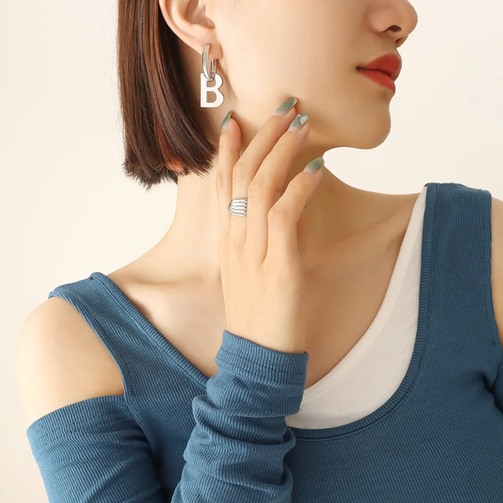 Letter B Titanium Steel Earrings, image 4