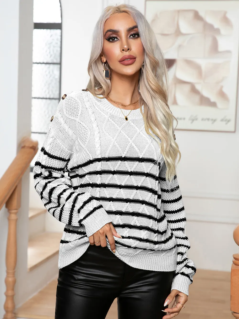 Striped Round Neck Cable-Knit Sweater, image 5