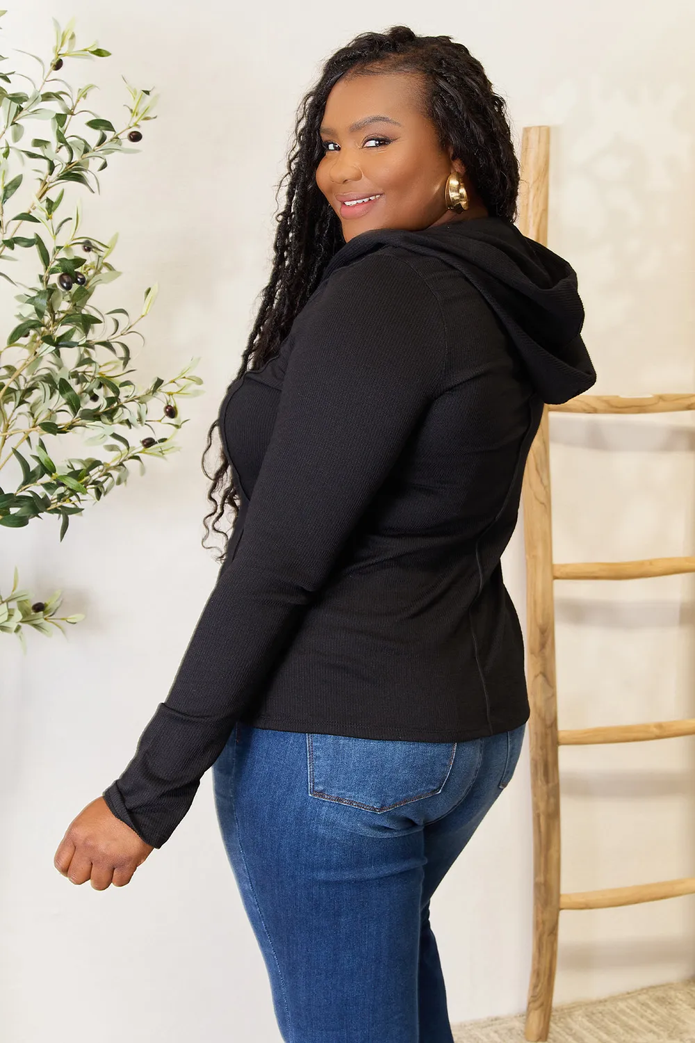 Full Size Exposed Seam Long Sleeve Hoodie, image 3