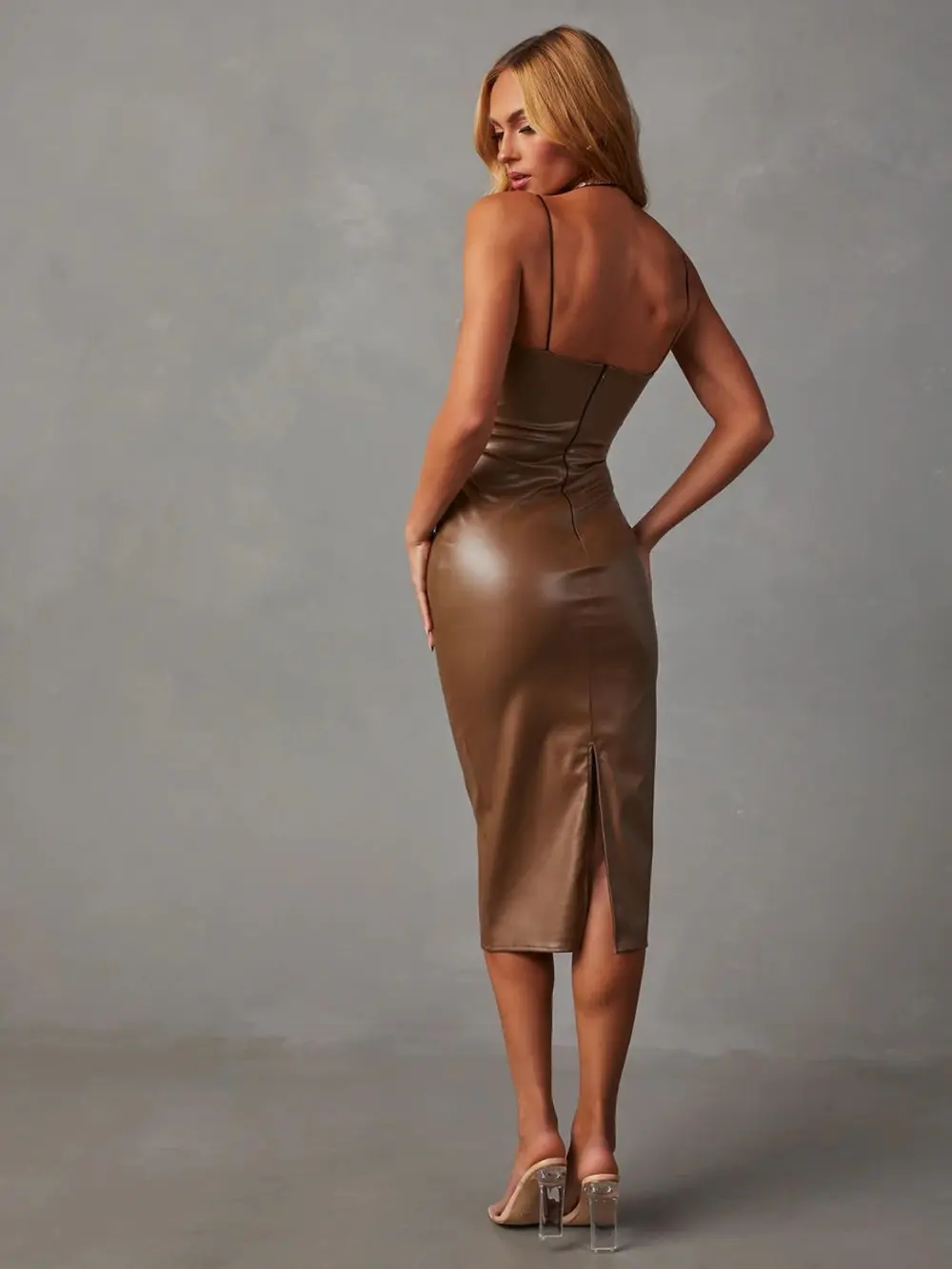 PU Slit Midi Dress, image 3