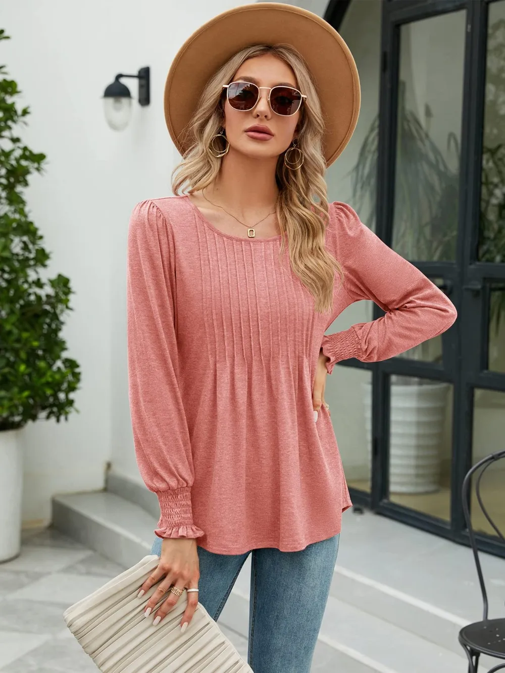 Smocked Round Neck Lantern Sleeve Blouse, image 7