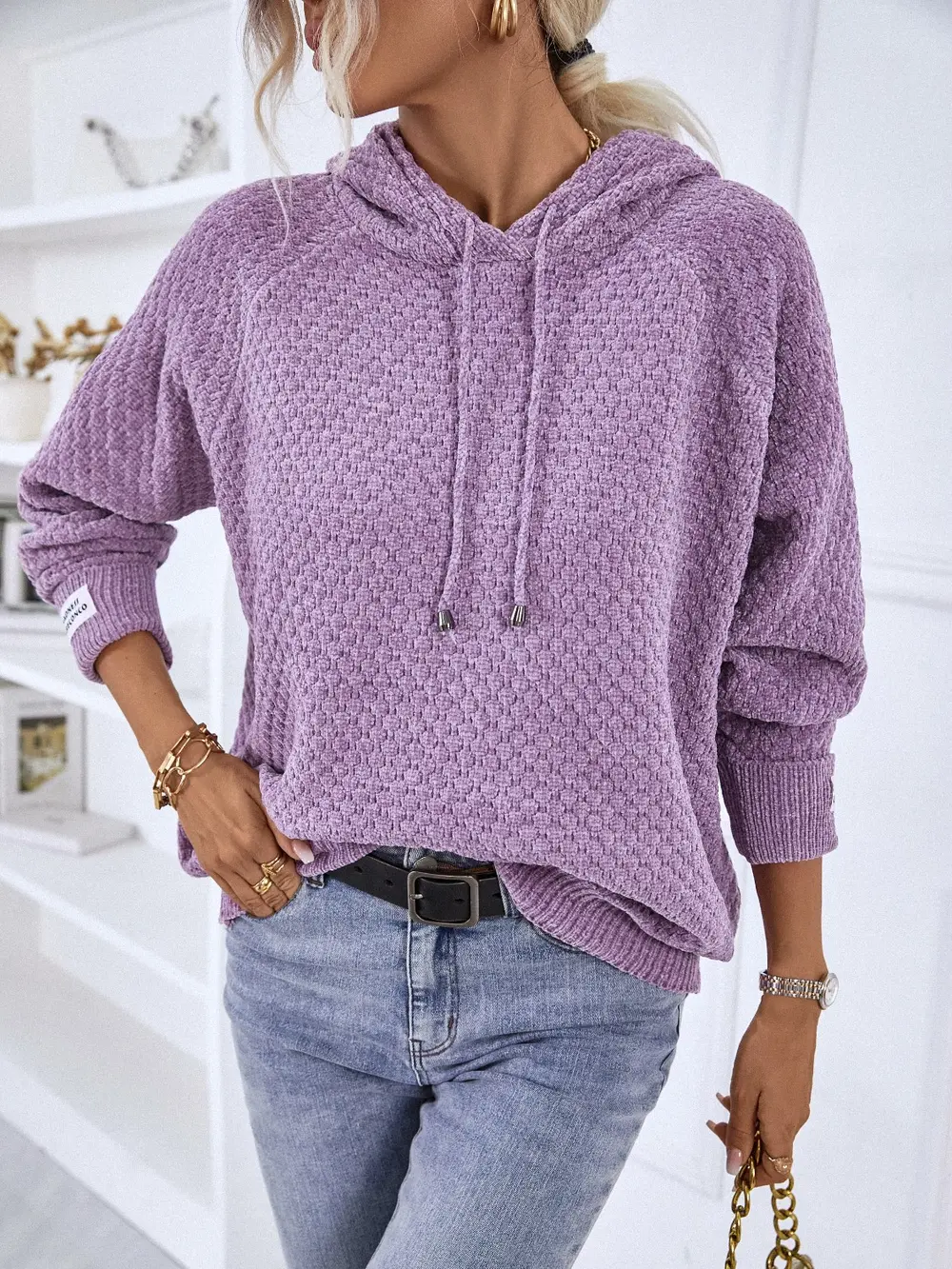Texture Drawstring Long Sleeve Hooded Sweater, image 8