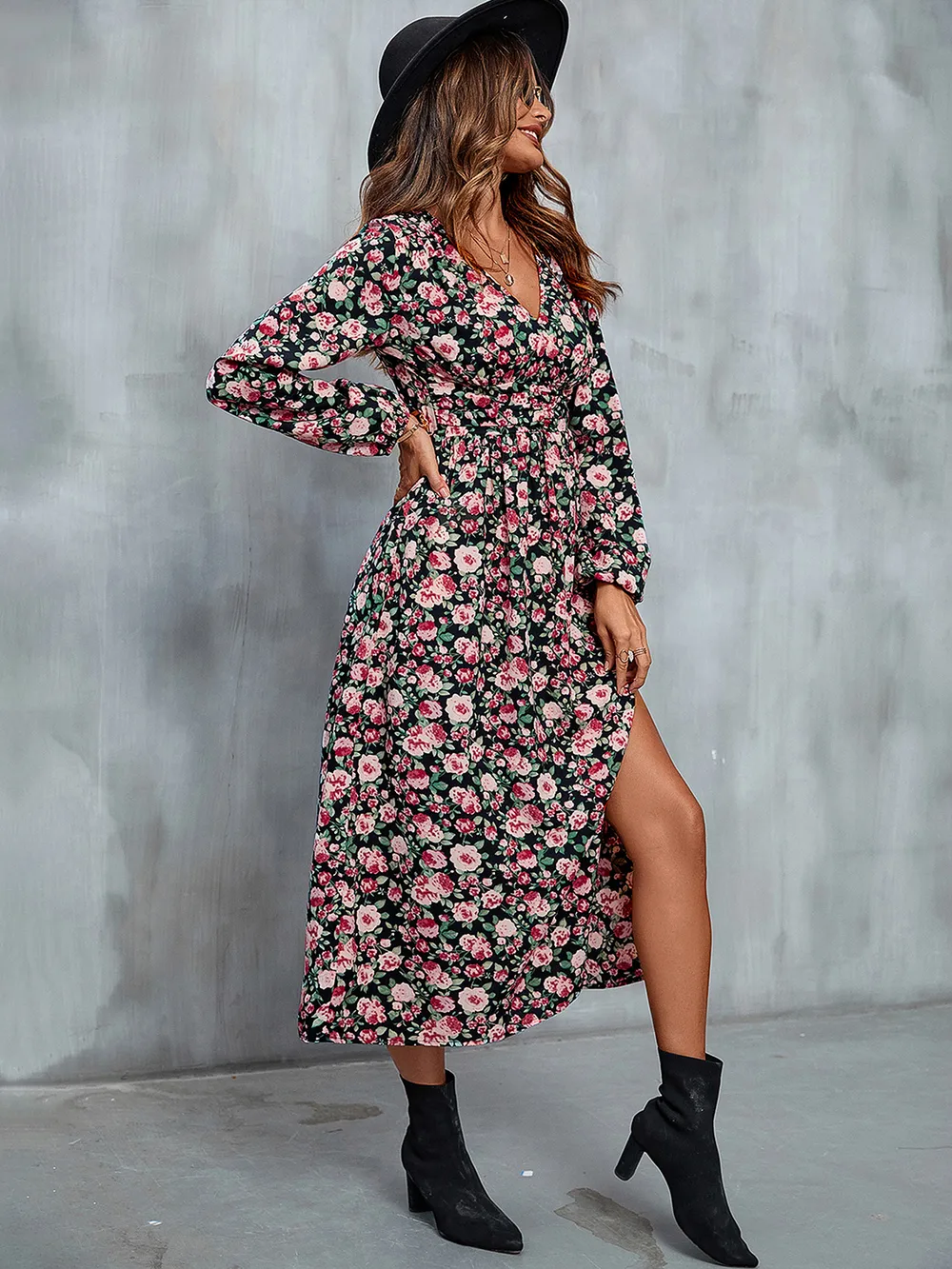 Floral V-Neck Slit Midi Dress, image 2