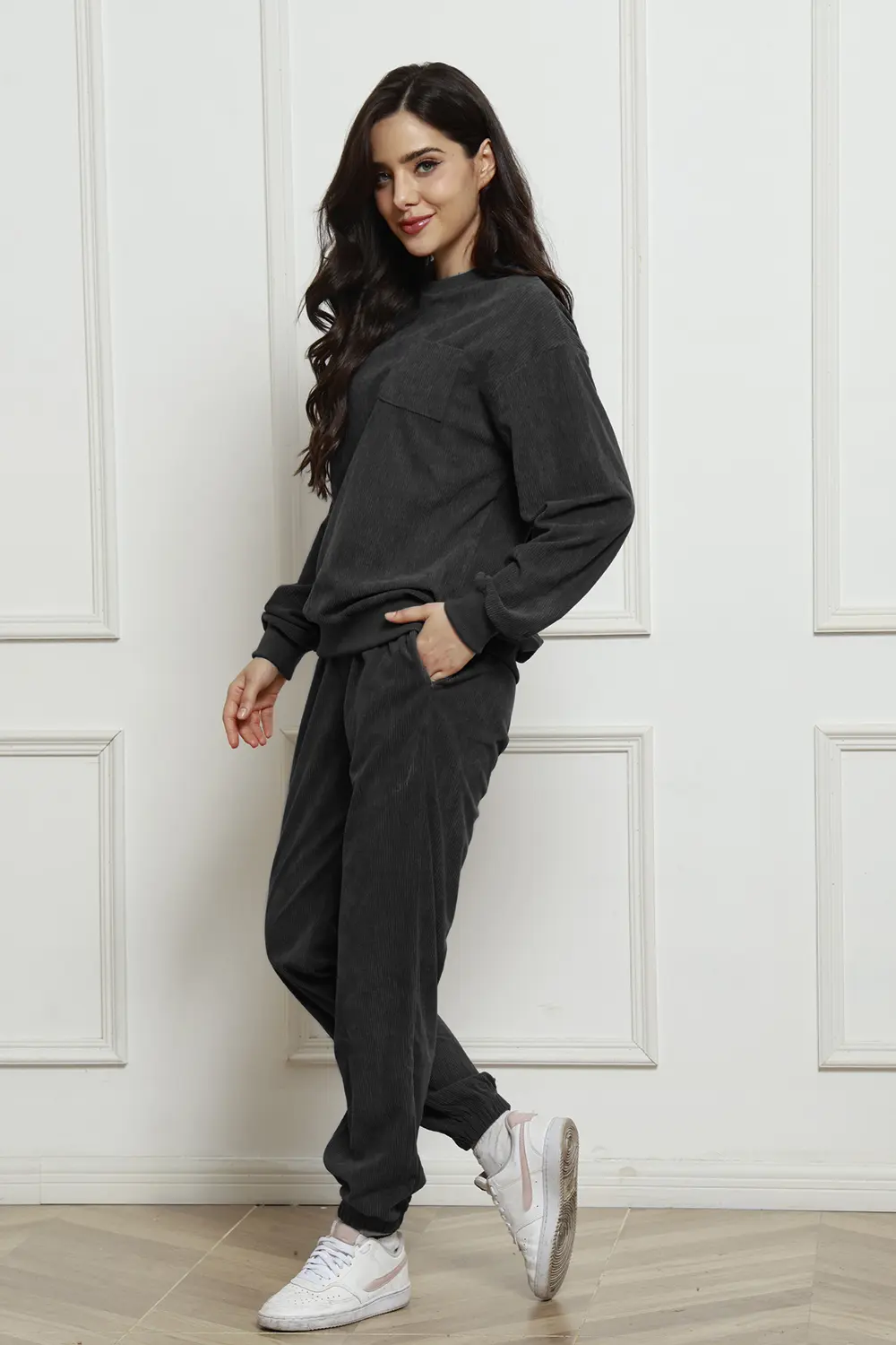 Corduroy Round Neck Sweatshirt and Sweatpants Set, image 6