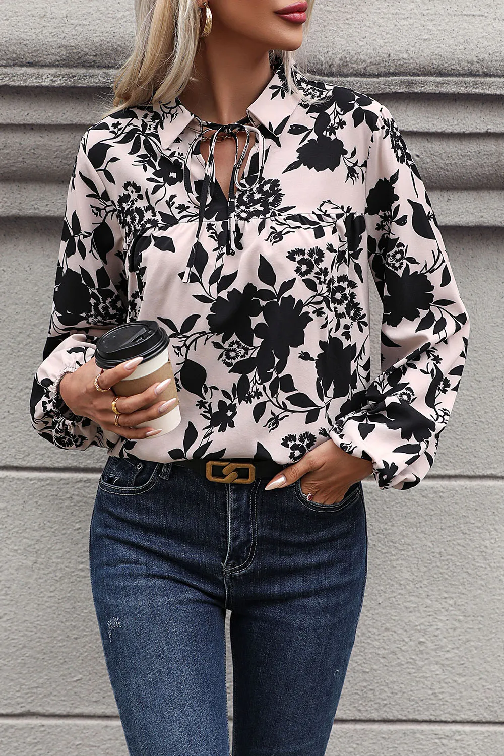 Printed Tie Neck Balloon Sleeve Blouse, image 3