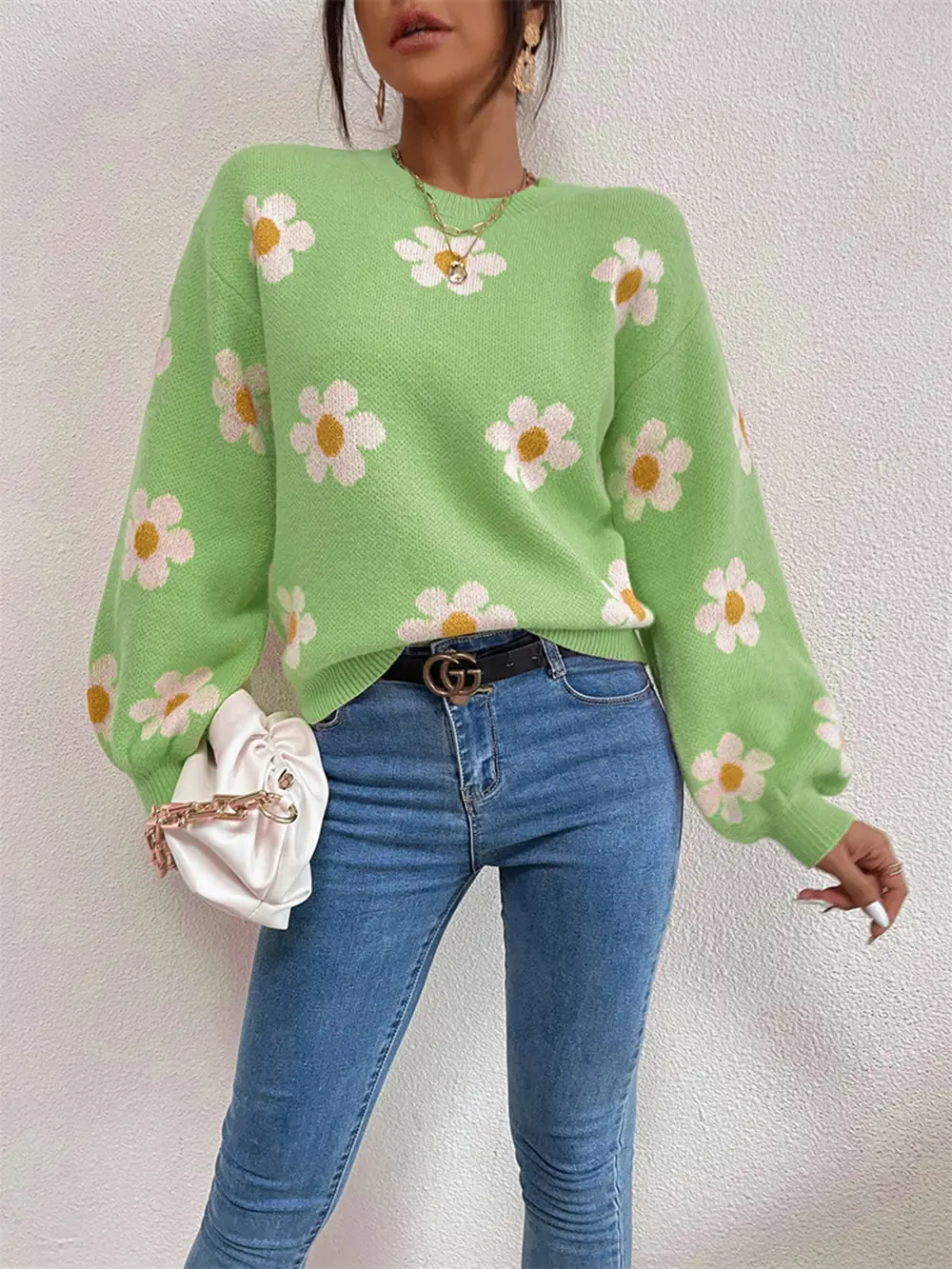 Flower Round Neck Latern Sleeve Sweater, image 6