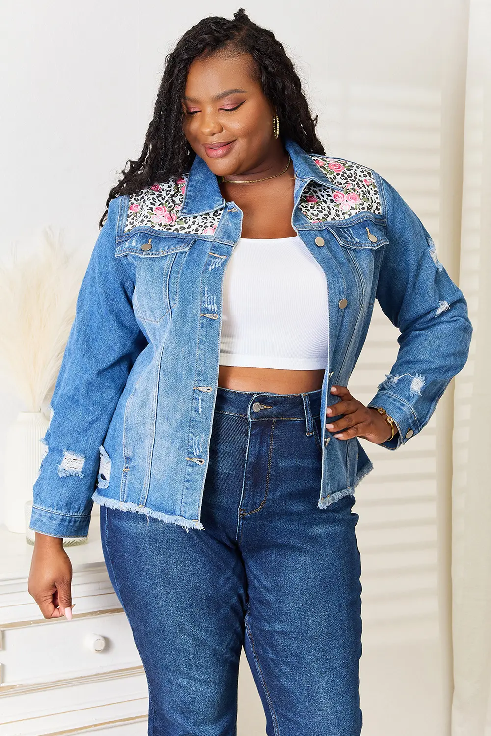 Leopard Floral Distressed Raw Hem Denim Jacket, image 5