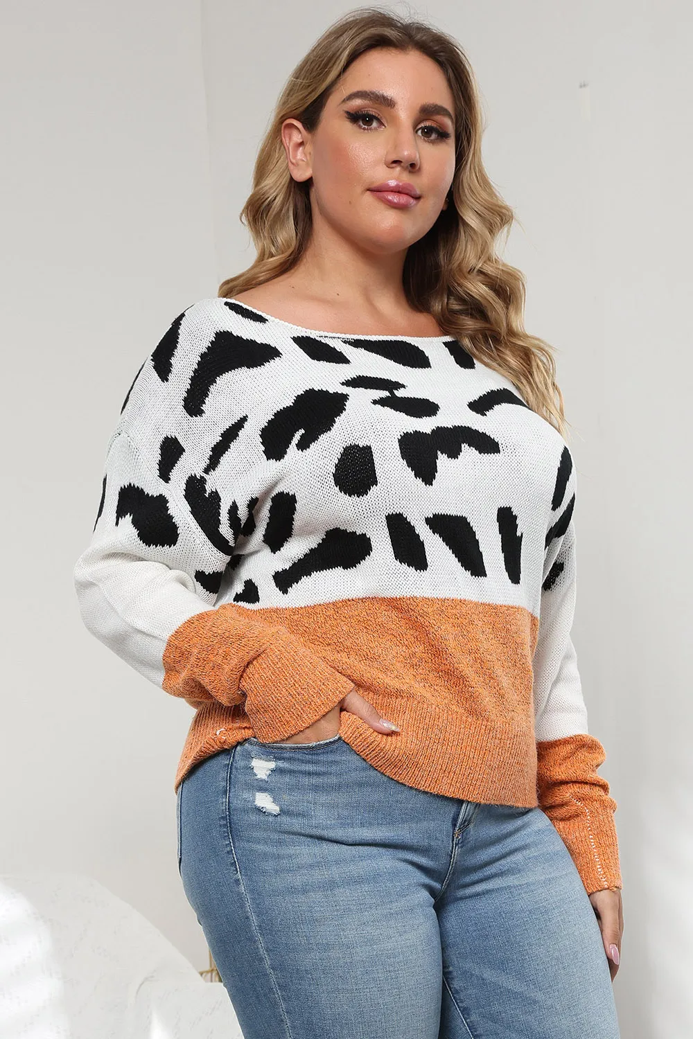 Plus Size Leopard Round Neck Long Sleeve Sweater, image 5