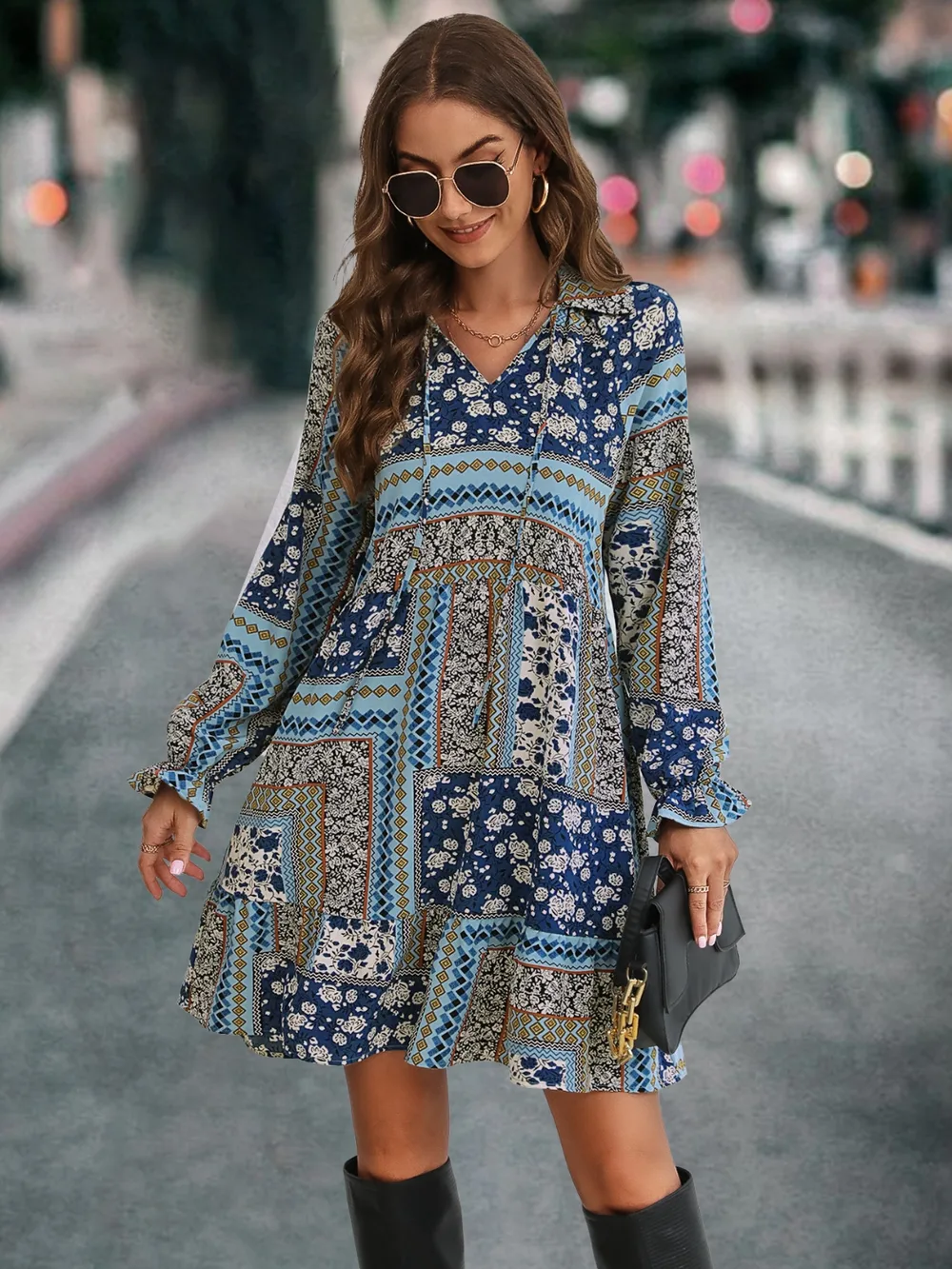 Printed Tie Front Flounce Sleeve Dress, image 4