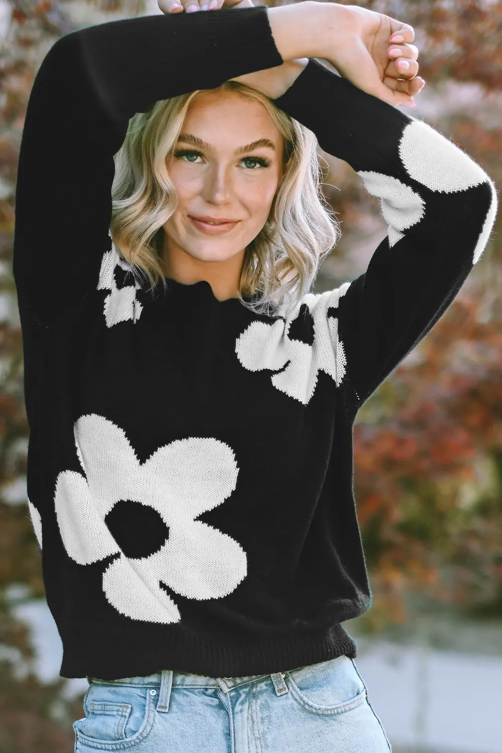 Round Neck Floral Pattern Color Contrast Design Long Sleeve Sweater, image 5