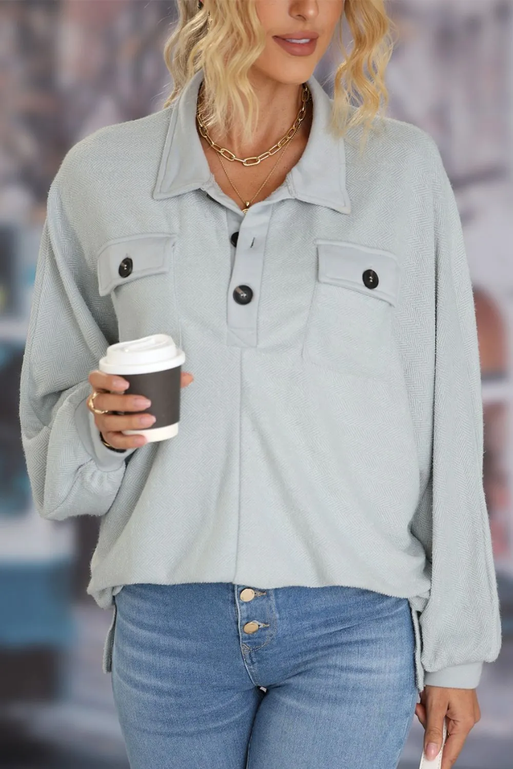 Full Size Half Button Collared Neck Long Sleeve Sweatshirt, image 4