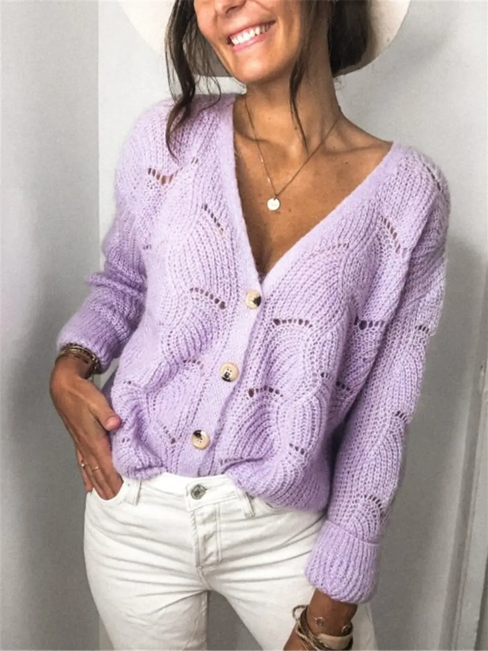 Openwork Button Up Long Sleeve Cardigan, image 8