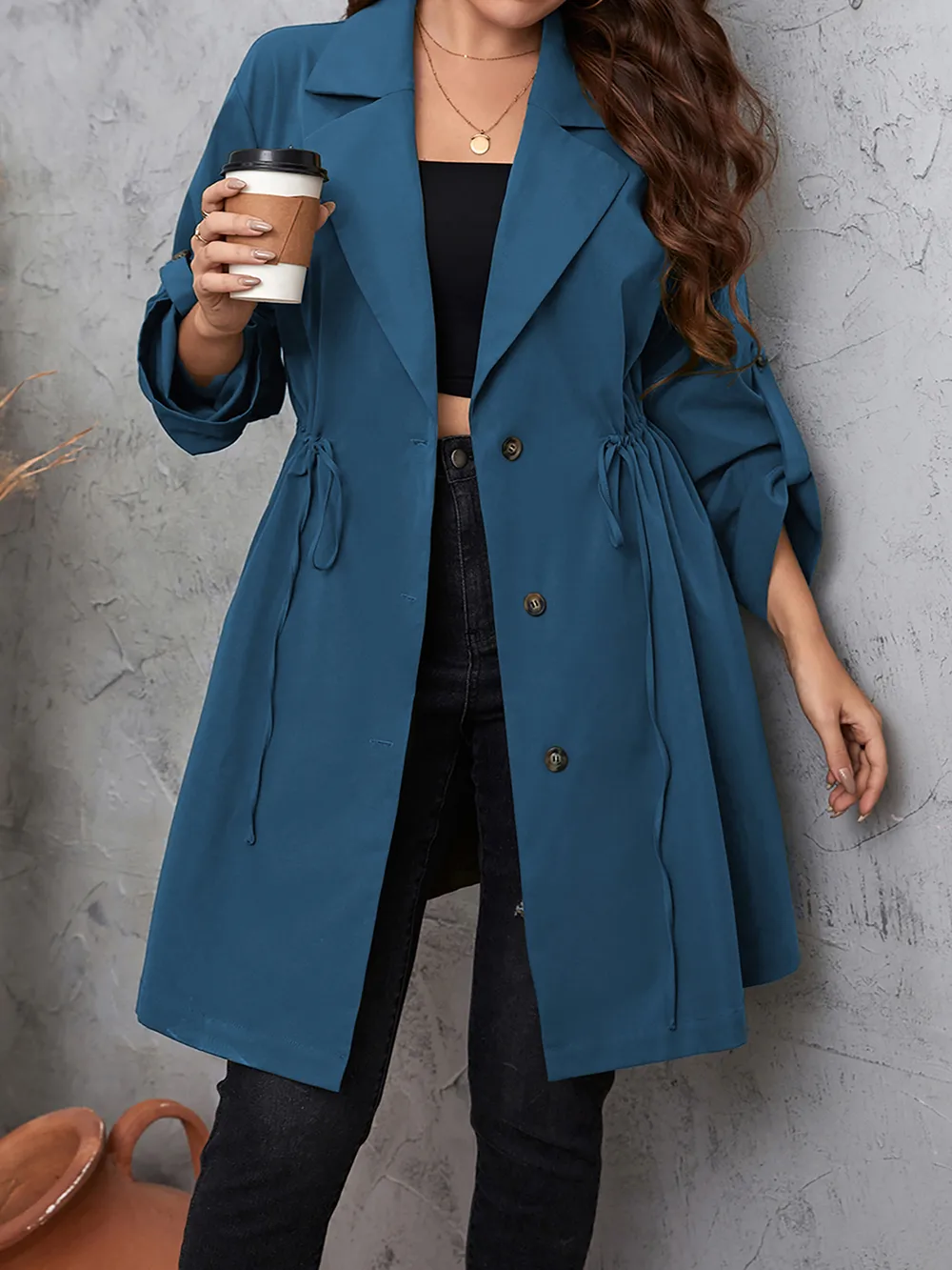 Plus Size Lapel Collar Drawstring Roll-Tab Sleeve Trench Coat, image 6