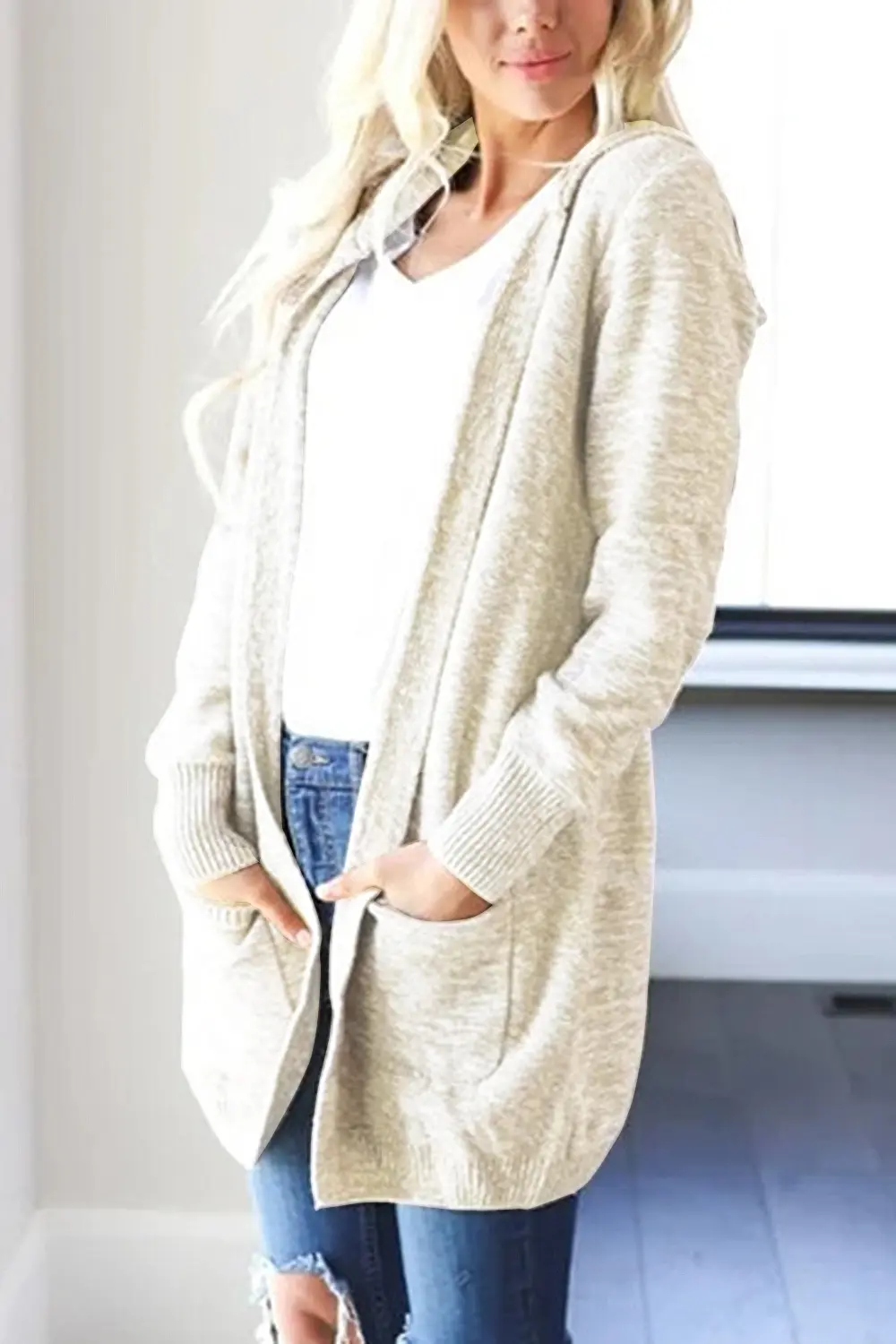 Heathered Open Front Cardigan with Pockets, image 3