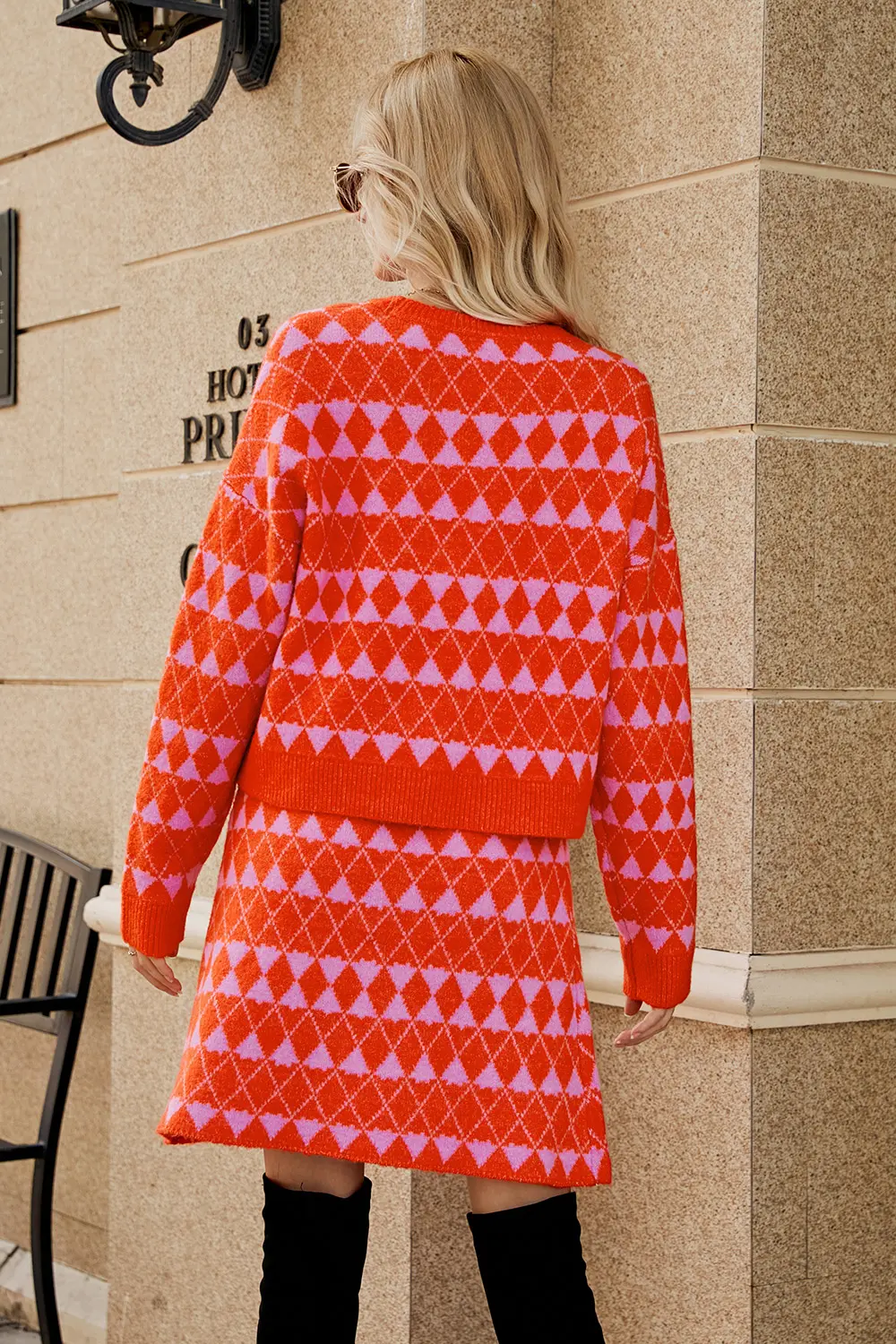 Geometric Button Front Cardigan and Skirt Set, image 3