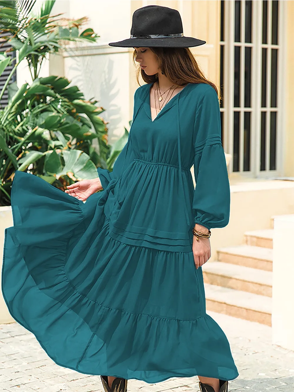 Tie Neck Long Sleeve Midi Tiered Dress, image 8