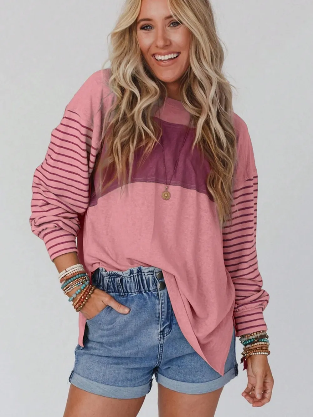 Round Neck Striped Long Sleeve Slit T-Shirt, image 7