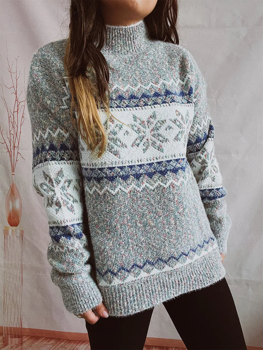 Geometric Mock Neck Dropped Shoulder Sweater, image 14