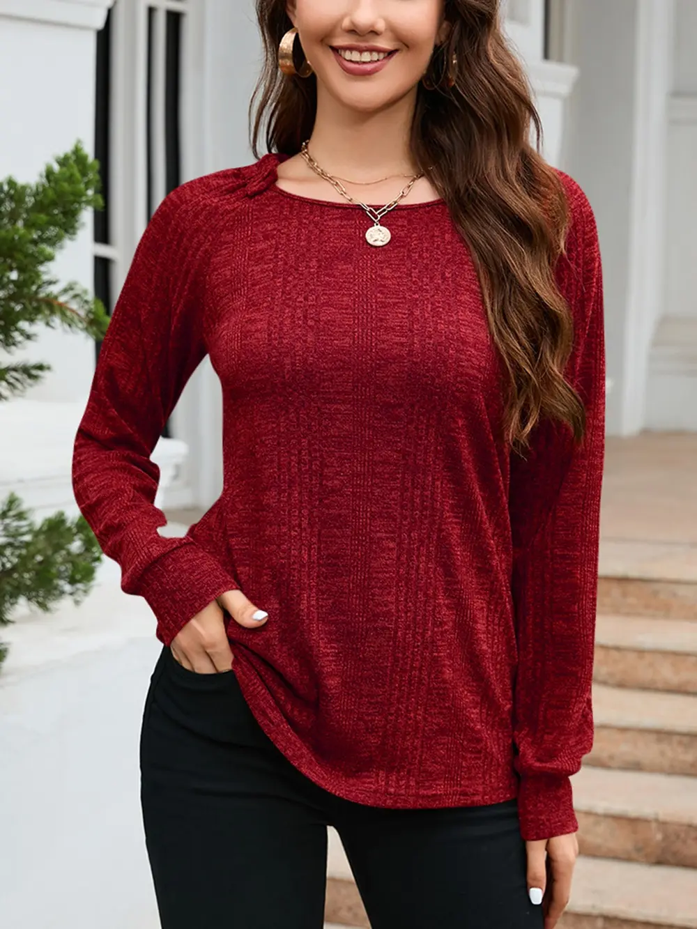 Texture Round Neck Long Sleeve Knit Top, image 11
