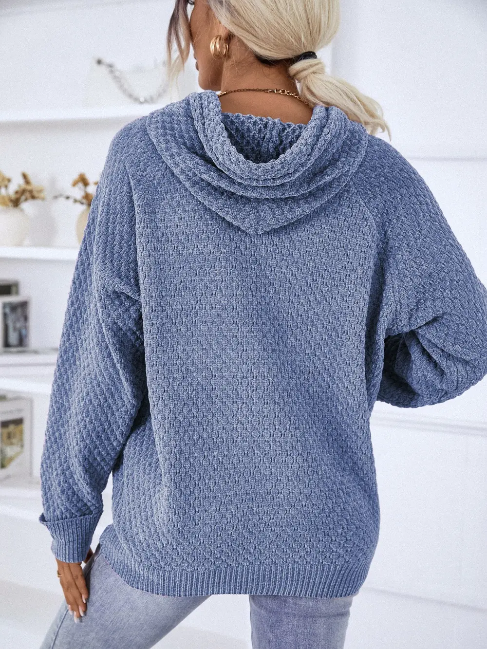Texture Drawstring Long Sleeve Hooded Sweater, image 9