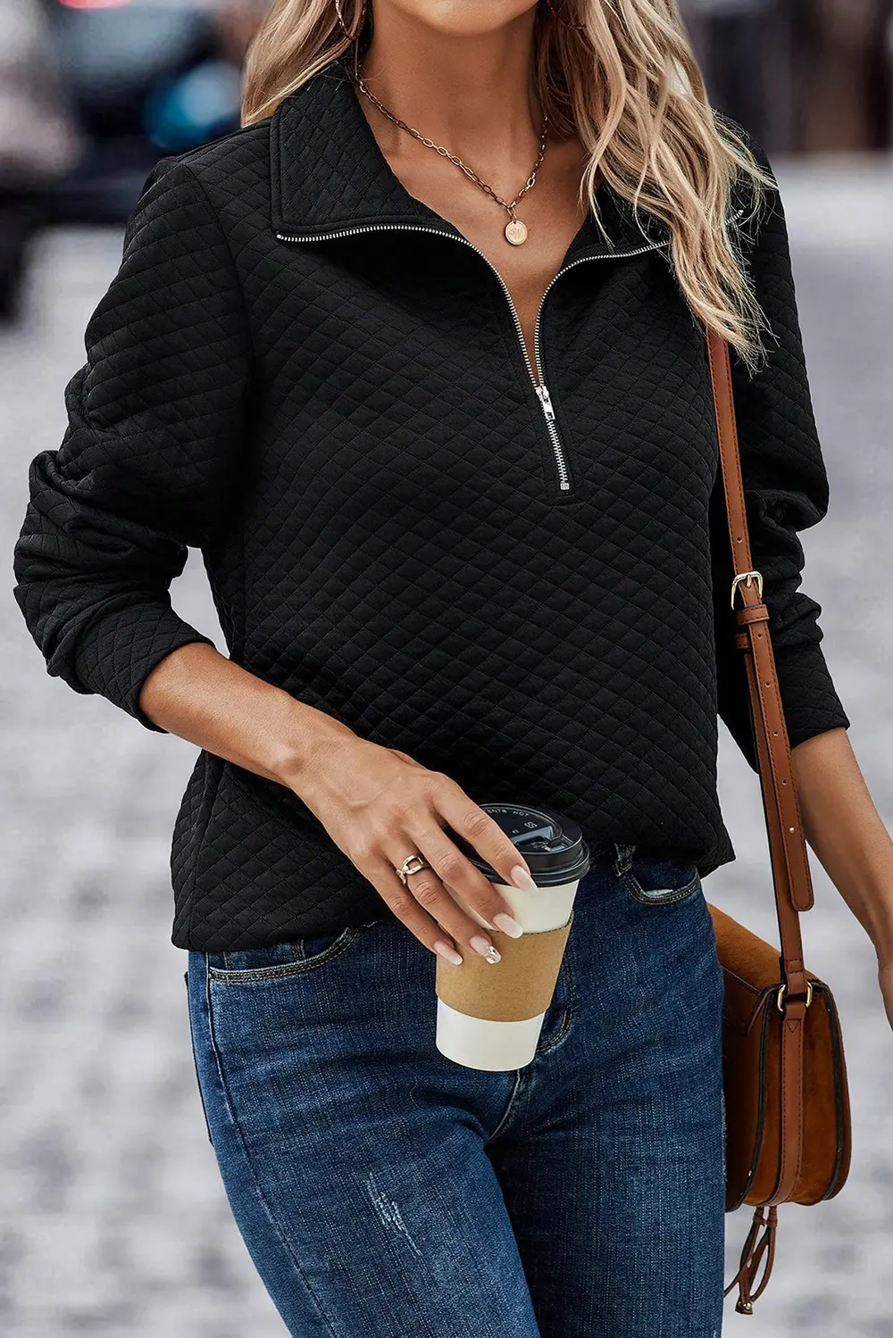 Half Zip Collar Solid Color Long Sleeve Sweatshirt, image 4