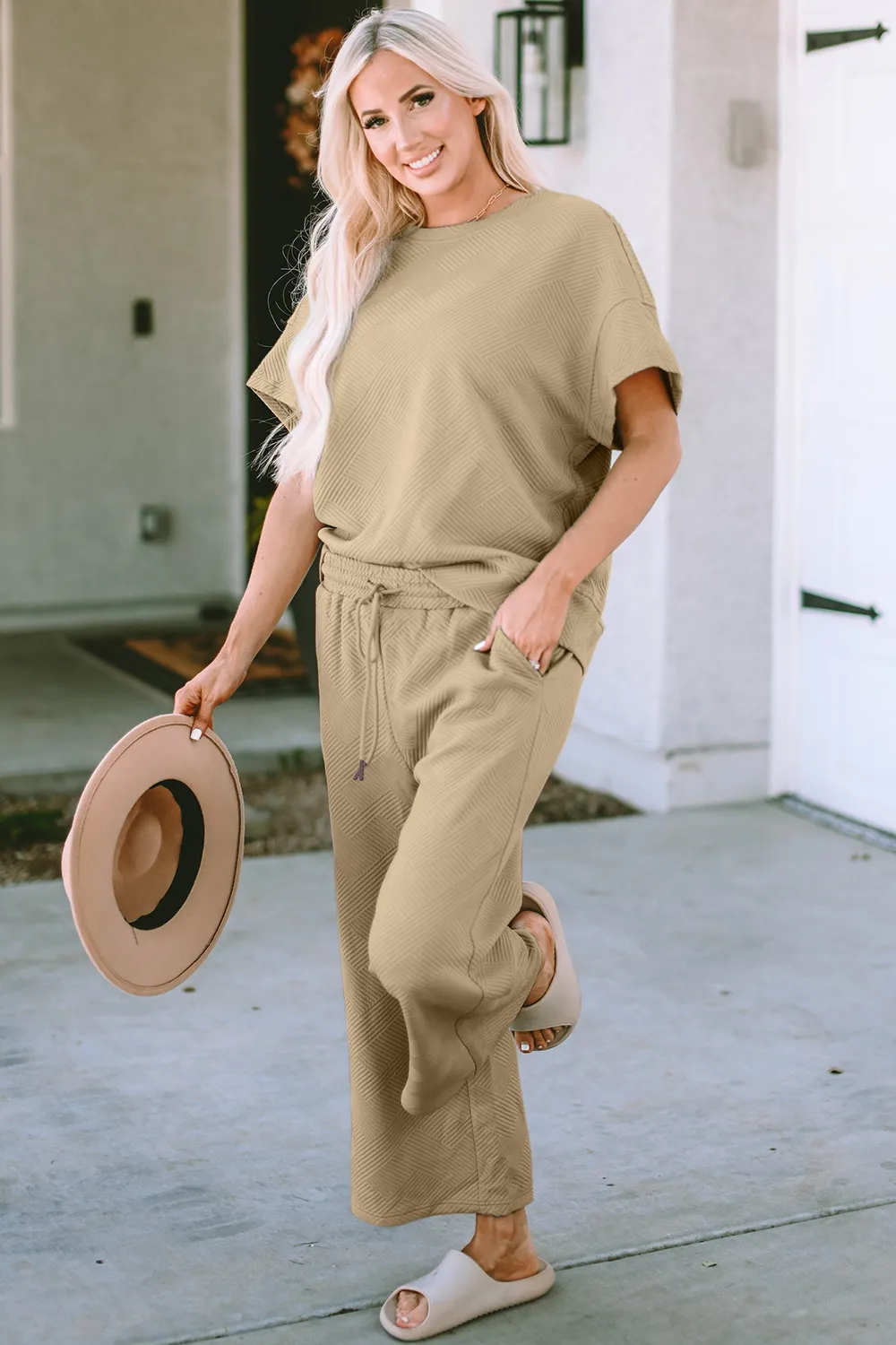 Full Size Texture Short Sleeve Top and Pants Set, image 5