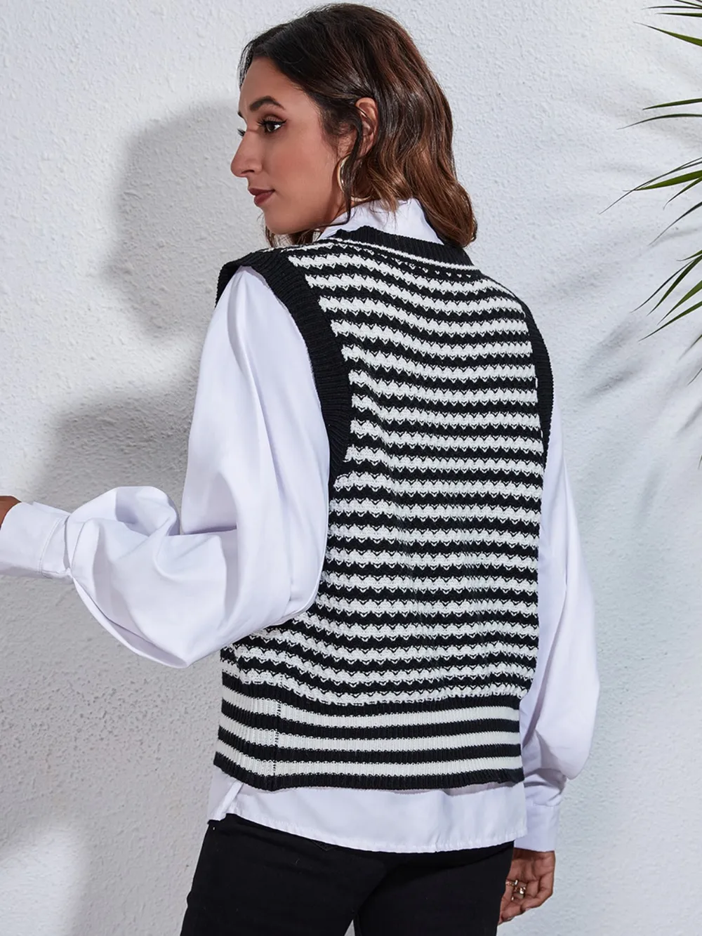 Striped Button Up V-Neck Sweater Vest, image 2