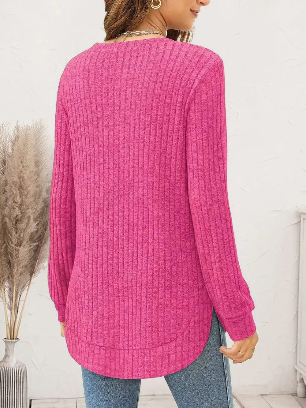 Ribbed Round Neck Long Sleeve T-Shirt, image 12