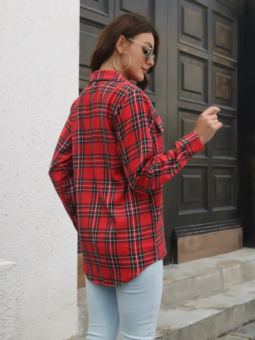 Plaid Collared Neck Buttoned Shirt with Pockets, image 8