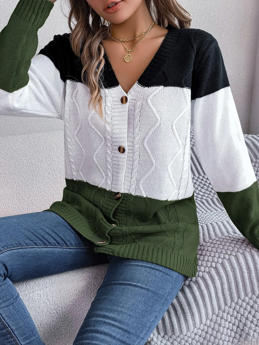 Cable-Knit Striped Button Up Cardigan, image 8
